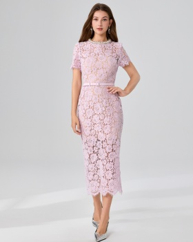 With belt France style rhinestone lace temperament dress