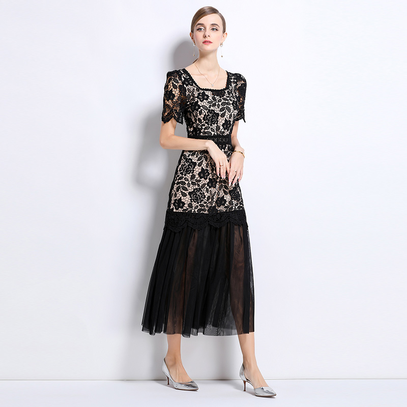 Ladies splice elegant gauze France style long dress
