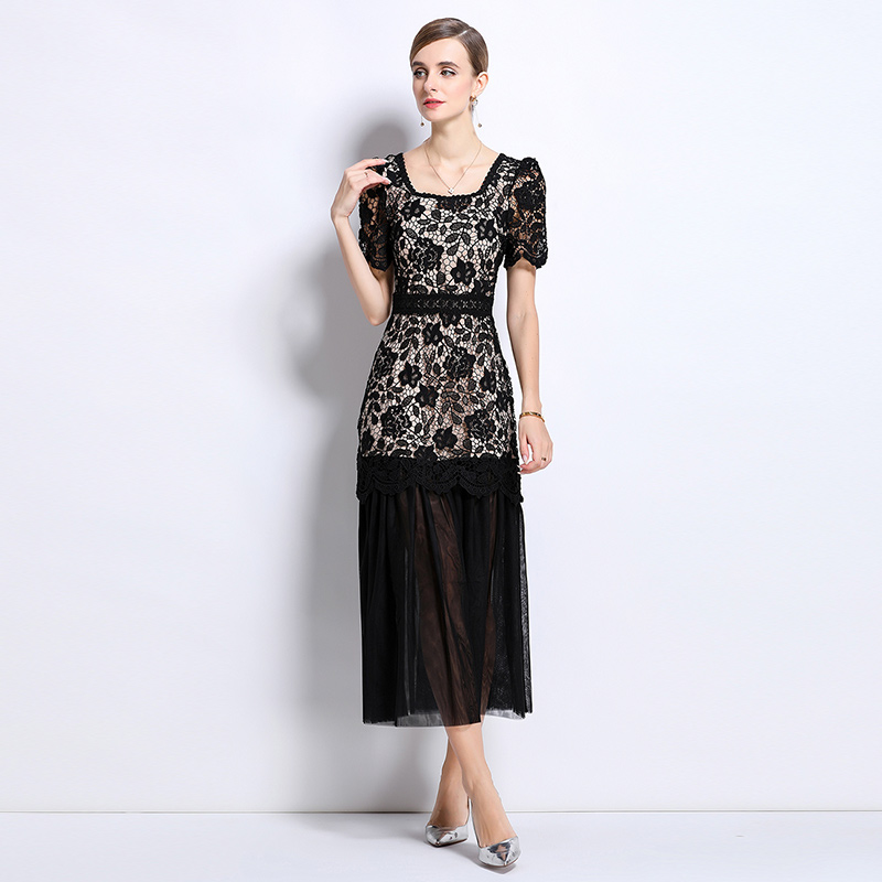 Ladies splice elegant gauze France style long dress
