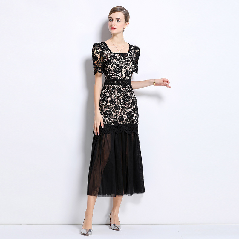 Ladies splice elegant gauze France style long dress