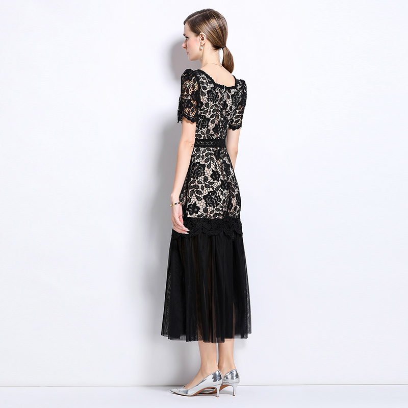 Ladies splice elegant gauze France style long dress