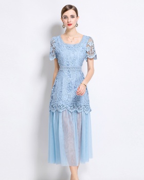 Lace France style elegant splice square collar long dress