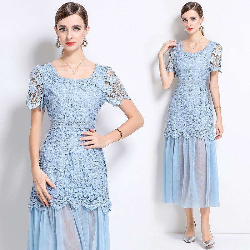 Lace France style elegant splice square collar long dress