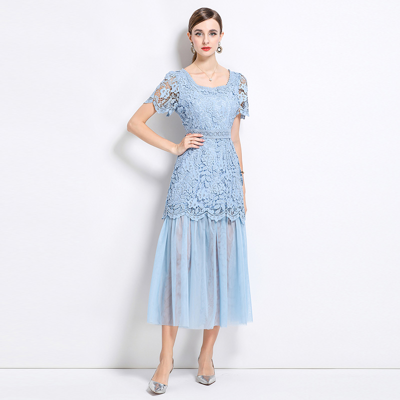 Lace France style elegant splice square collar long dress