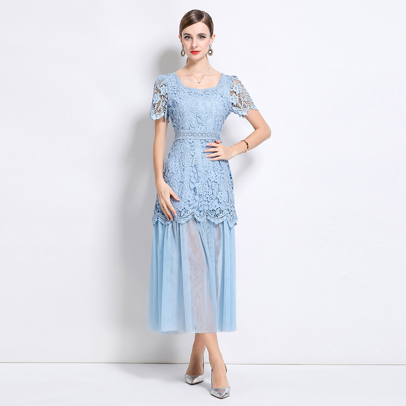 Lace France style elegant splice square collar long dress