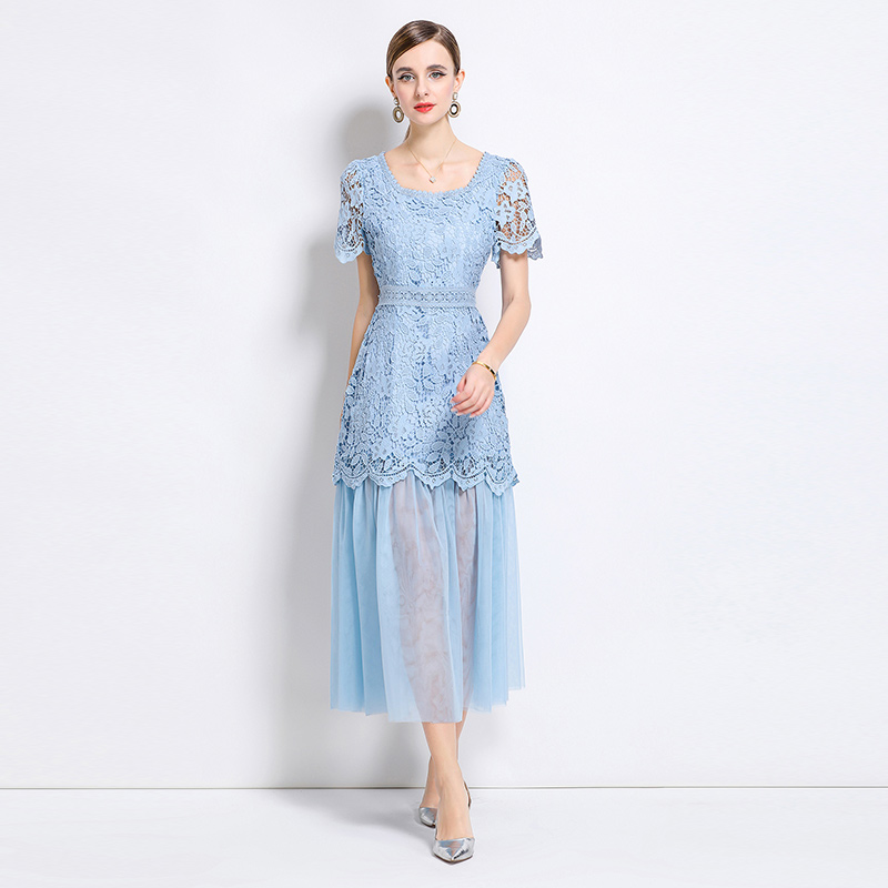 Lace France style elegant splice square collar long dress