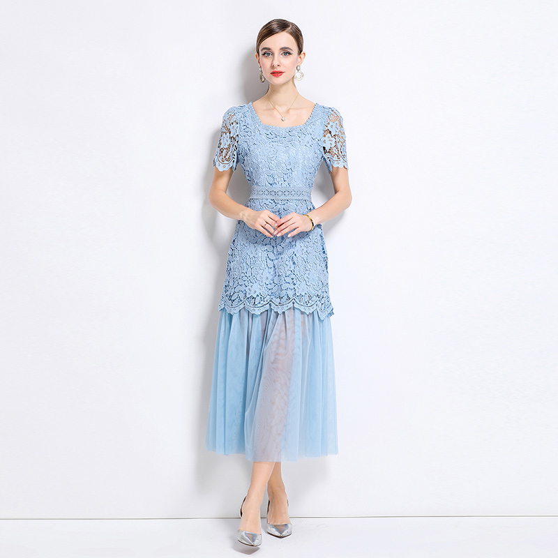 Lace France style elegant splice square collar long dress
