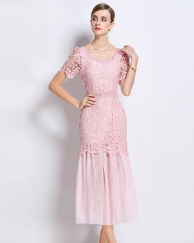 France style elegant ladies square collar gauze long dress