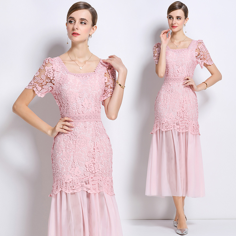 France style elegant ladies square collar gauze long dress