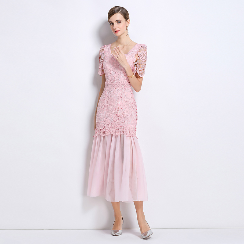 France style elegant ladies square collar gauze long dress