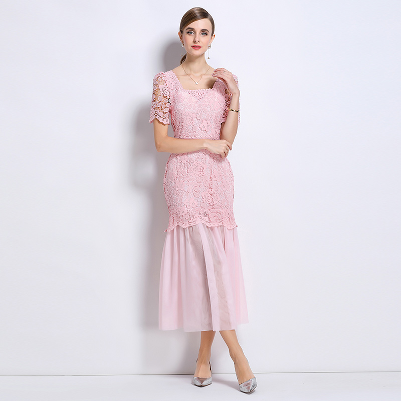 France style elegant ladies square collar gauze long dress