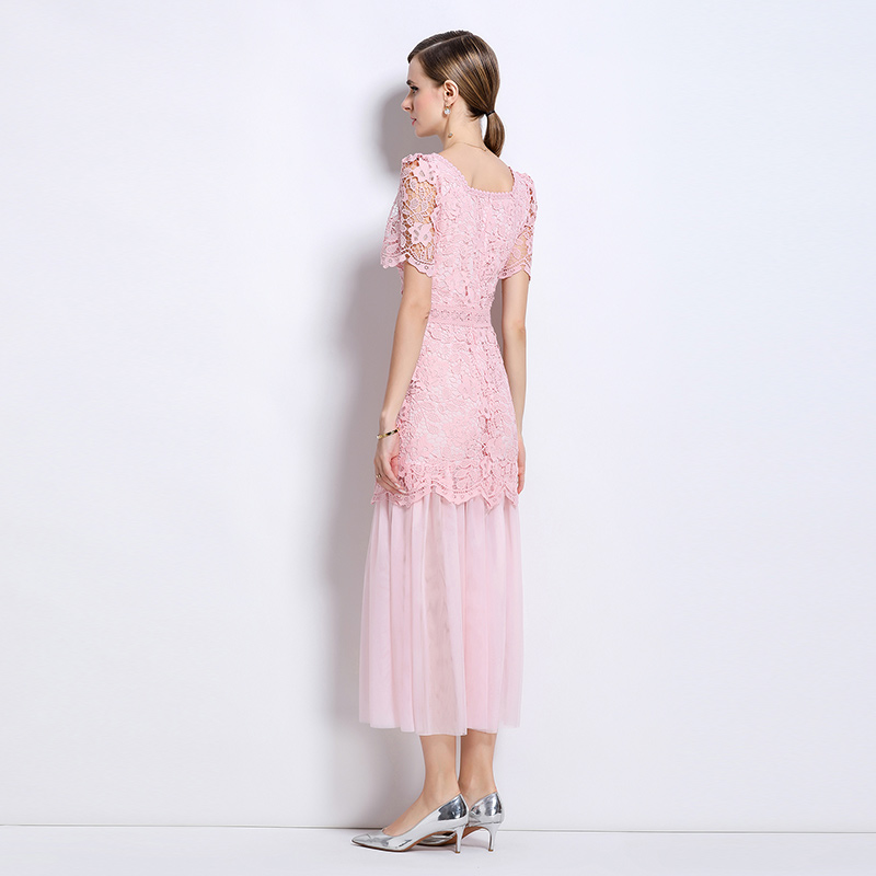 France style elegant ladies square collar gauze long dress