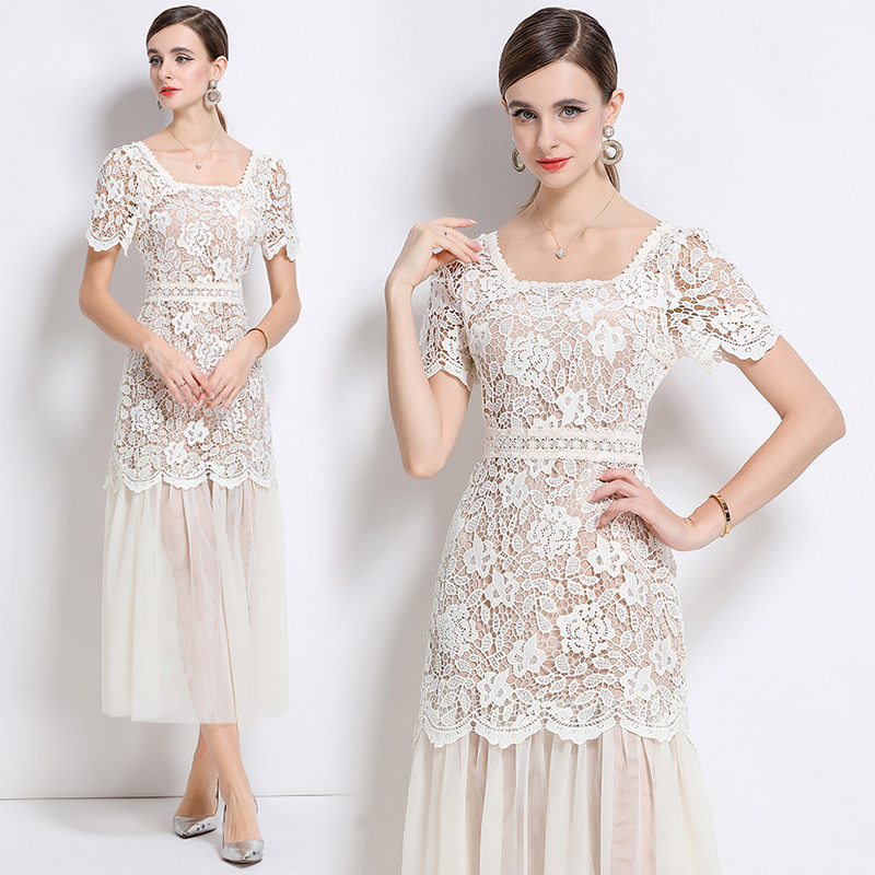 Ladies France style gauze elegant lace long dress