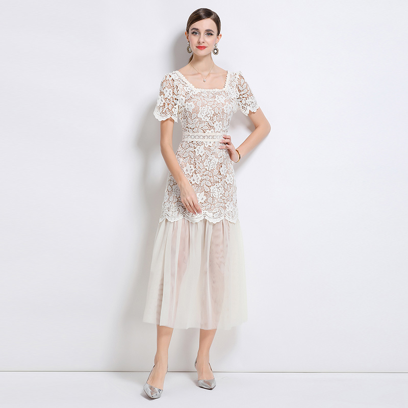 Ladies France style gauze elegant lace long dress
