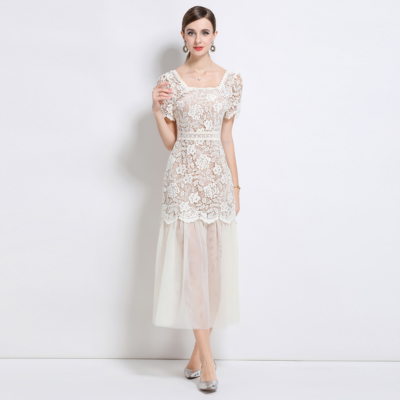 Ladies France style gauze elegant lace long dress