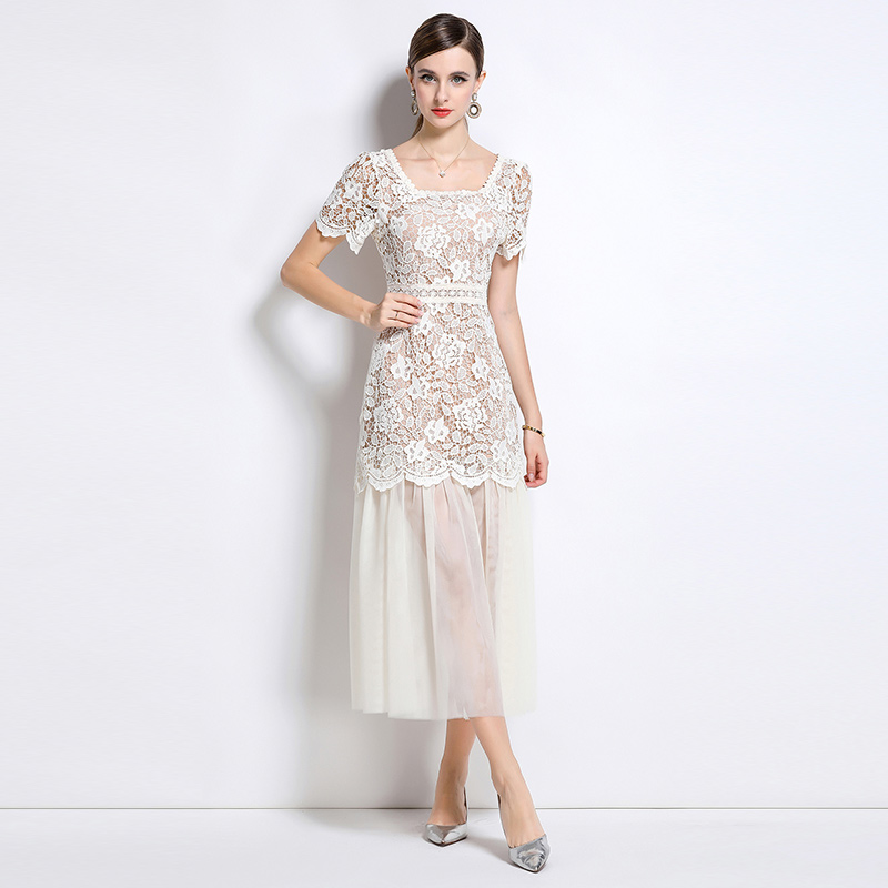 Ladies France style gauze elegant lace long dress