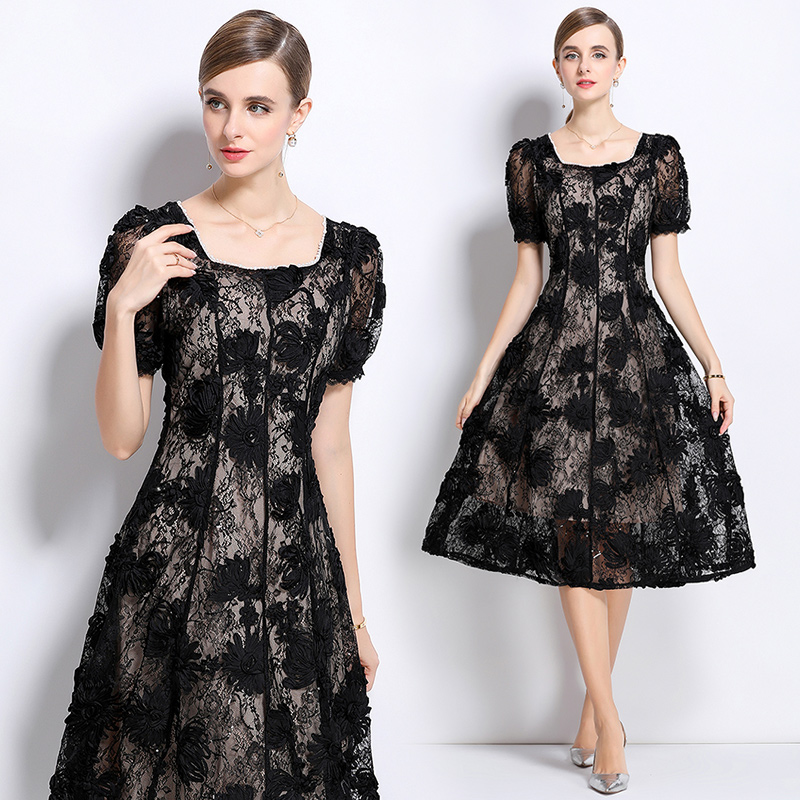 Hollow beading square collar temperament patterns dress