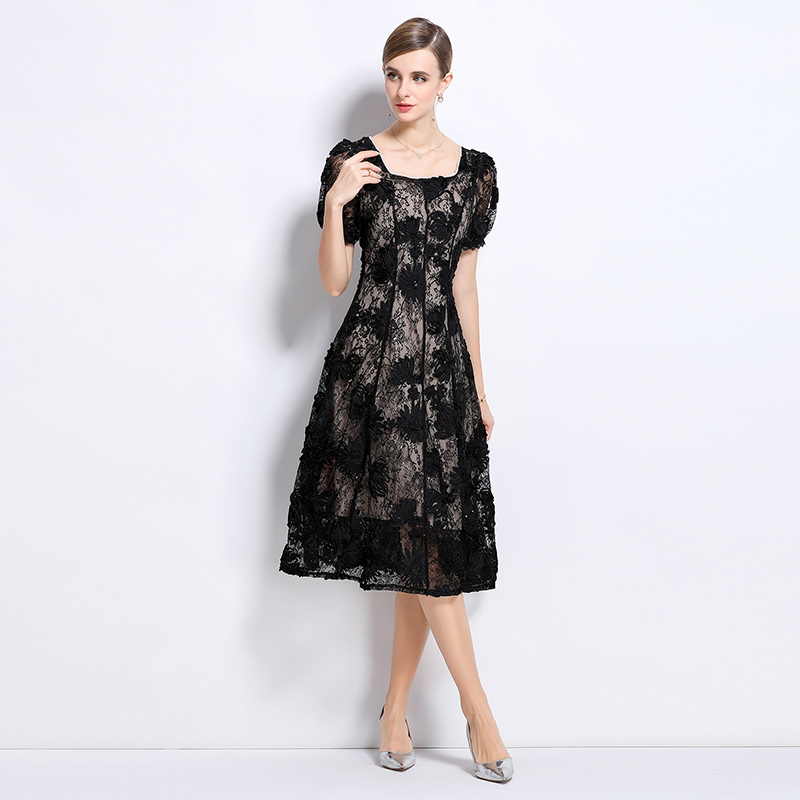 Hollow beading square collar temperament patterns dress