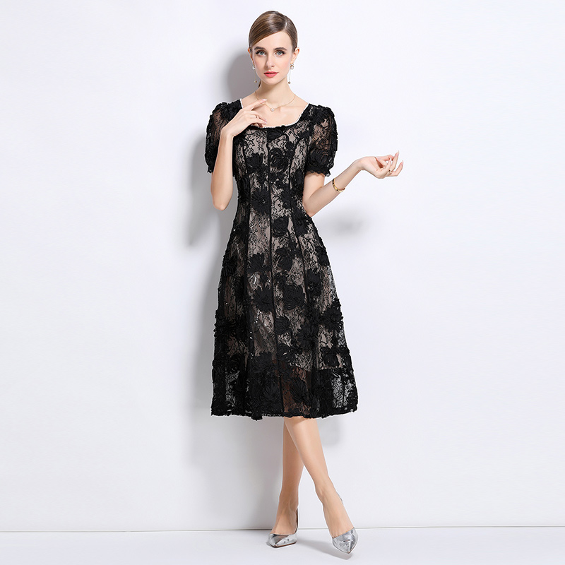 Hollow beading square collar temperament patterns dress