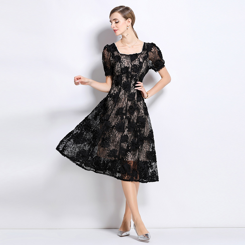 Hollow beading square collar temperament patterns dress