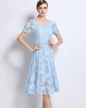 Lace beading temperament short sleeve hollow dress