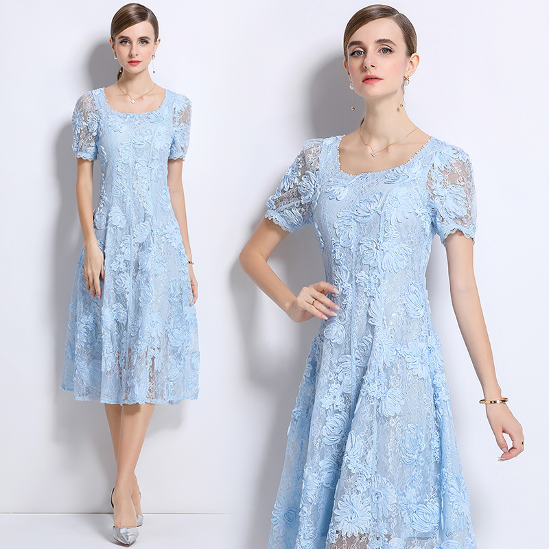 Lace beading temperament short sleeve hollow dress