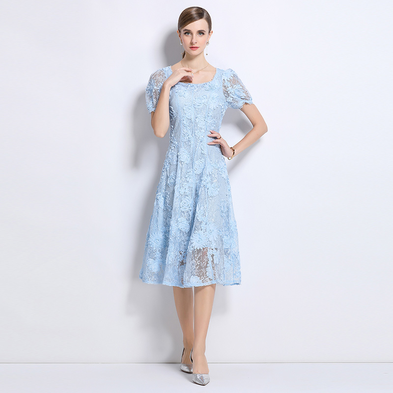 Lace beading temperament short sleeve hollow dress