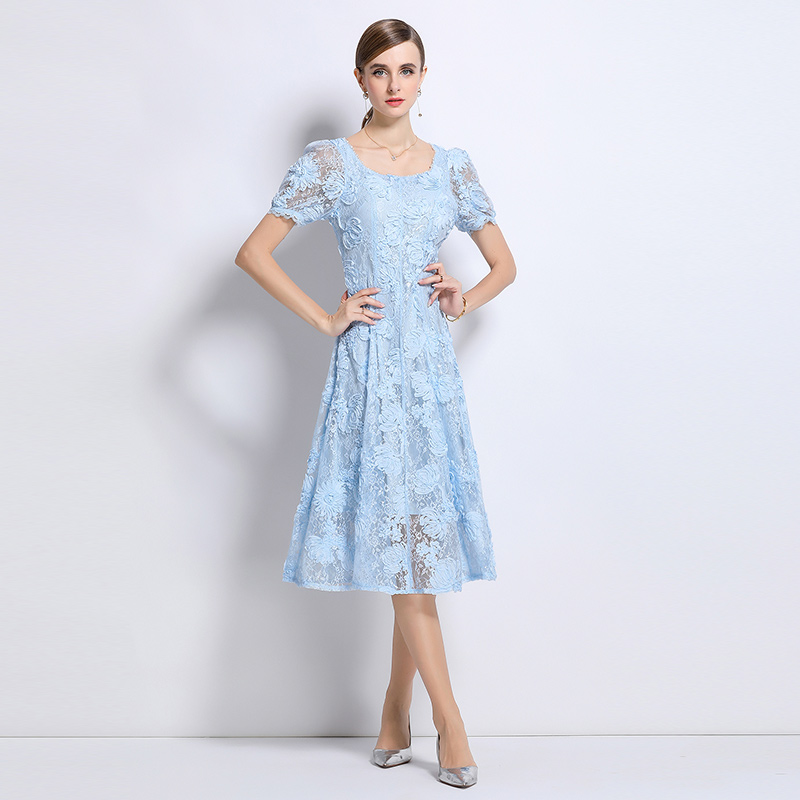Lace beading temperament short sleeve hollow dress