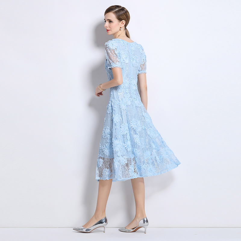 Lace beading temperament short sleeve hollow dress