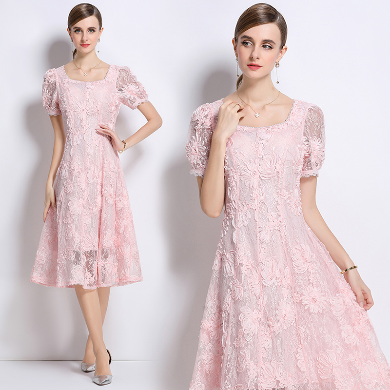 Embroidery short sleeve lace patterns temperament dress