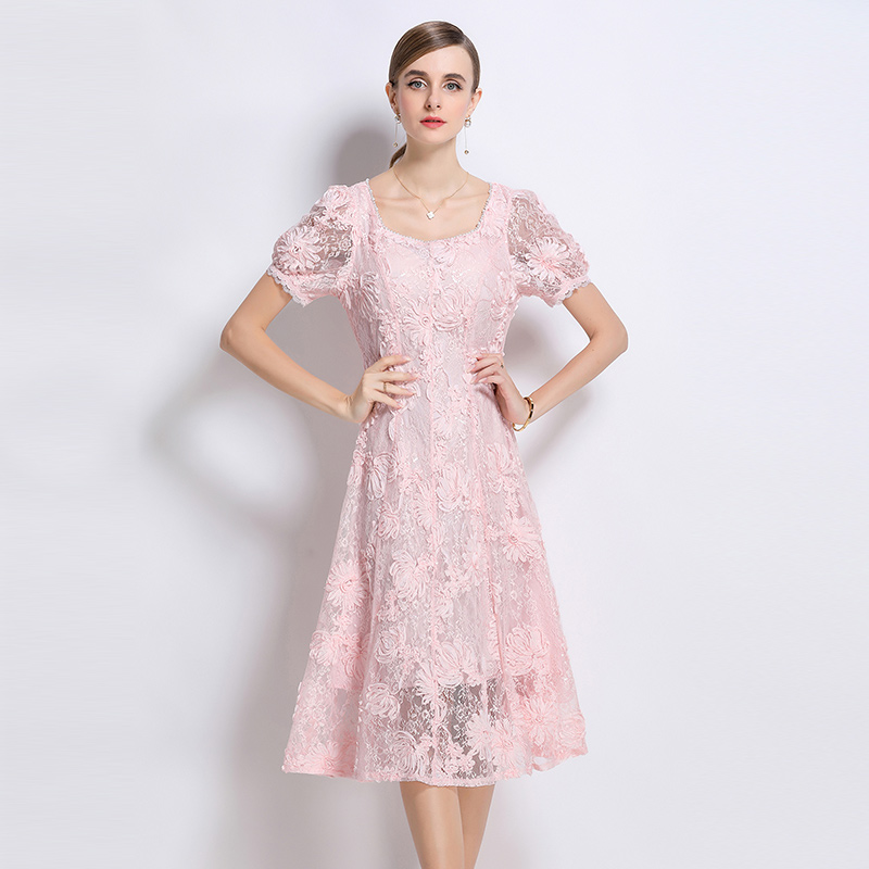 Embroidery short sleeve lace patterns temperament dress