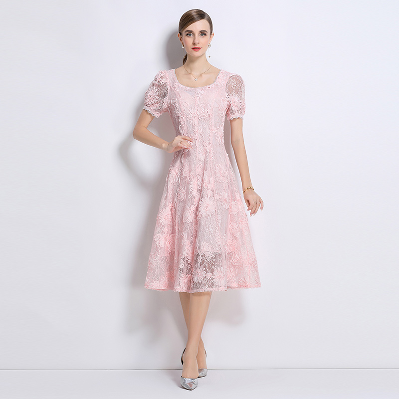Embroidery short sleeve lace patterns temperament dress