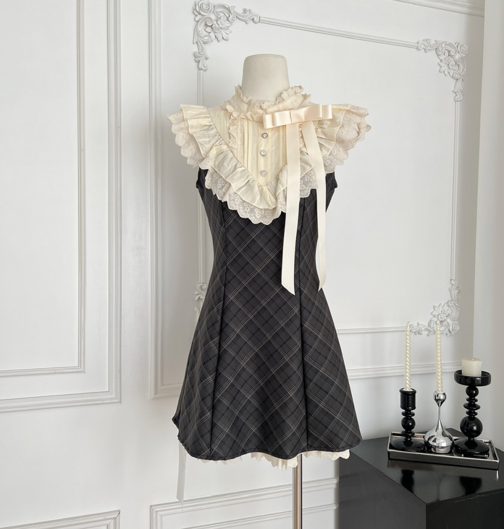 Plaid retro maiden fish dress splice sleeveless lace T-back