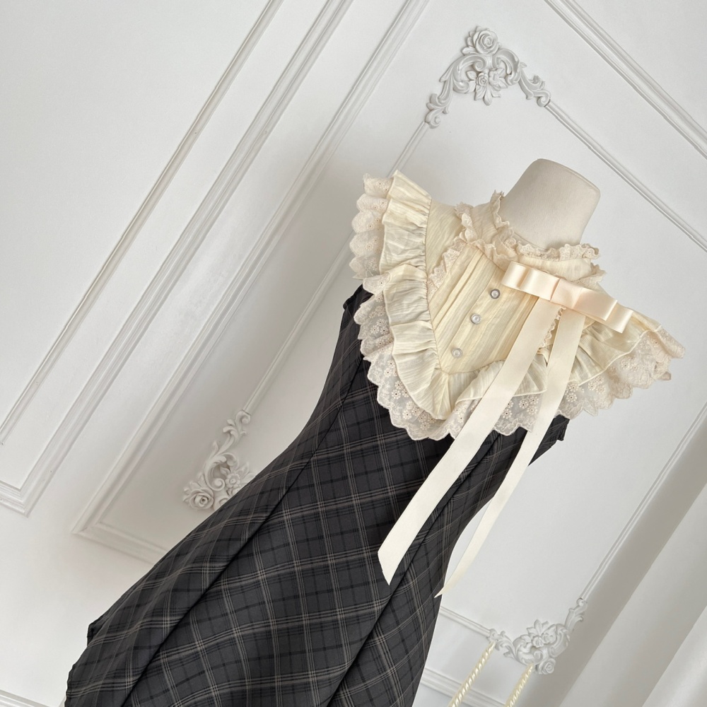 Plaid retro maiden fish dress splice sleeveless lace T-back
