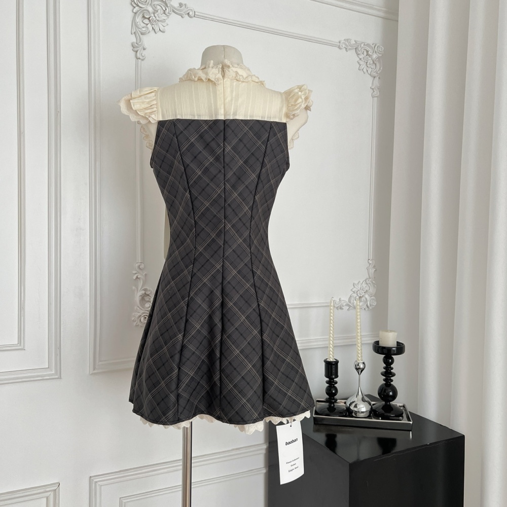 Plaid retro maiden fish dress splice sleeveless lace T-back