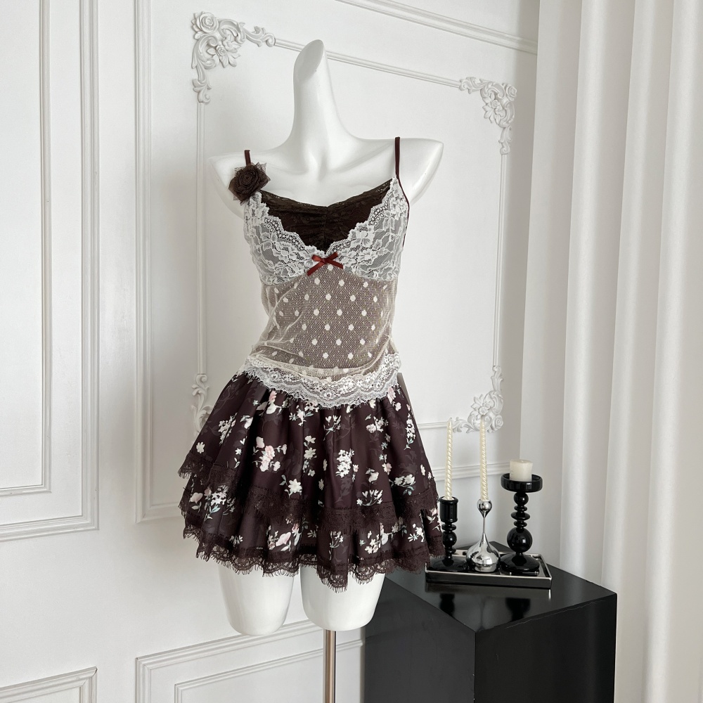 Slim niche short short skirt summer lace tops a set
