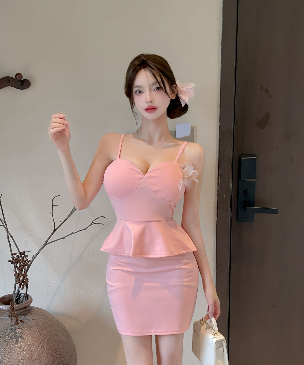 Sling slim Cover belly dress low-cut lotus leaf edges T-back