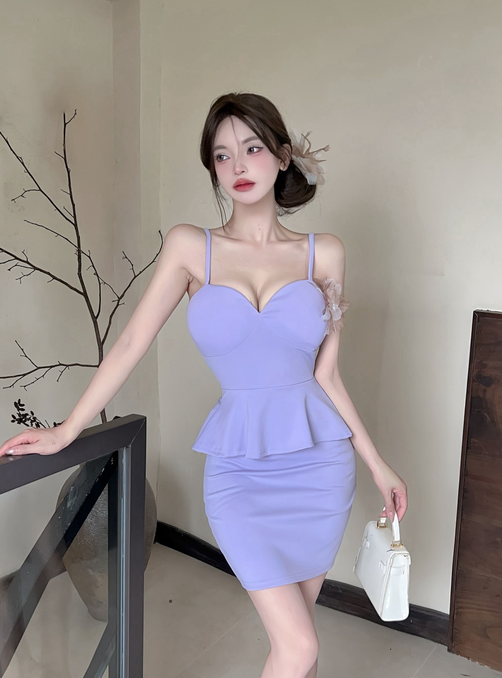 Sling slim Cover belly dress low-cut lotus leaf edges T-back