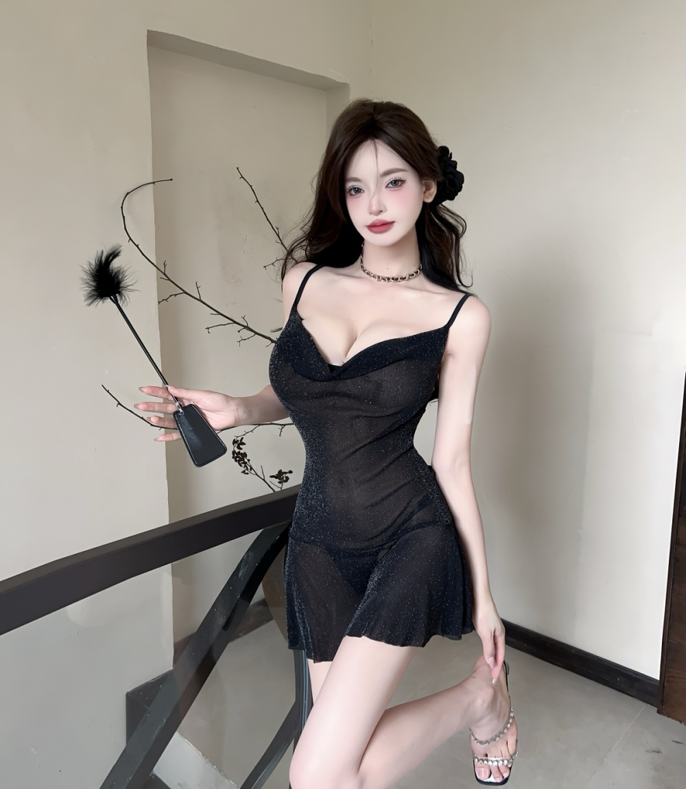 Sexy sling lotus leaf edges short perspective bottoming dress