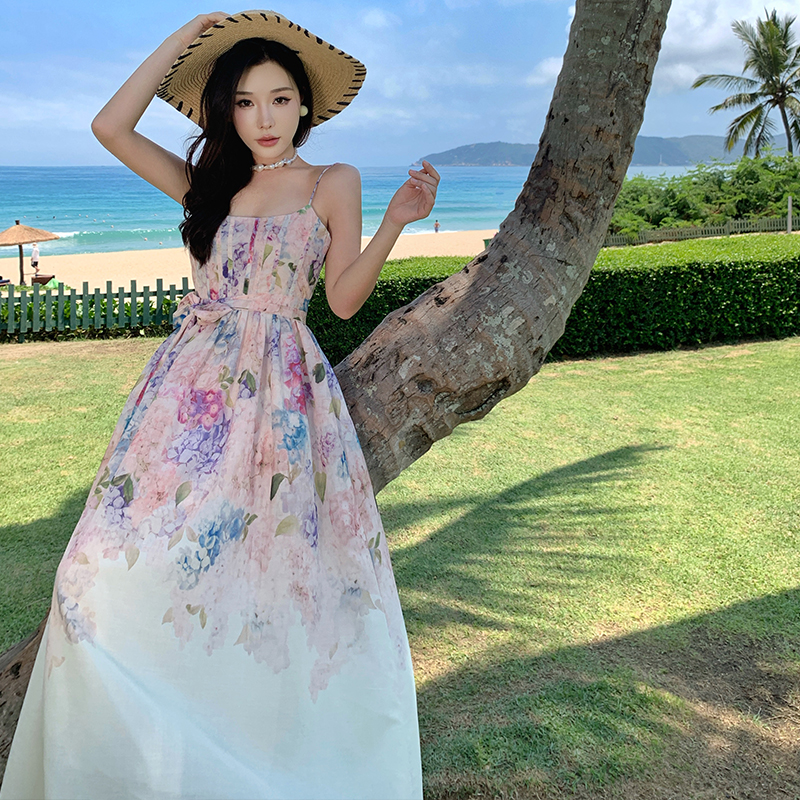 Pinched waist big skirt sling slim dress