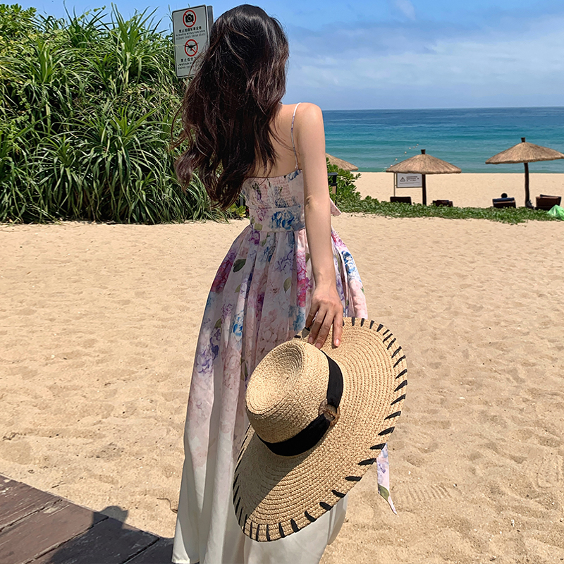 Pinched waist big skirt sling slim dress