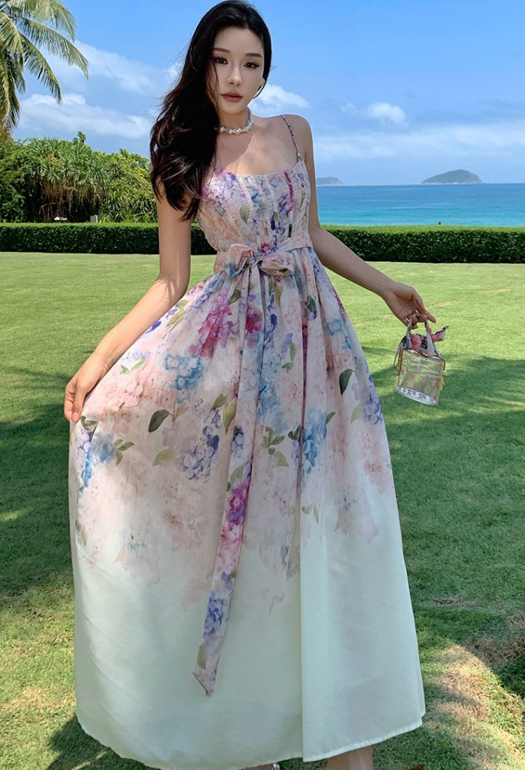 Pinched waist big skirt sling slim dress