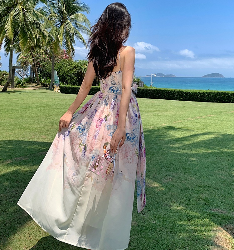 Pinched waist big skirt sling slim dress