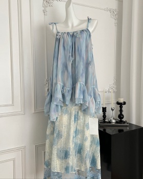 Tie dye blue flowers skirt stereoscopic lace sling tops a set