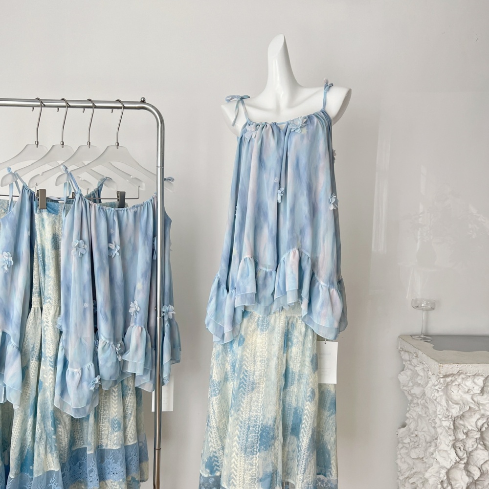 Tie dye blue flowers skirt stereoscopic lace sling tops a set