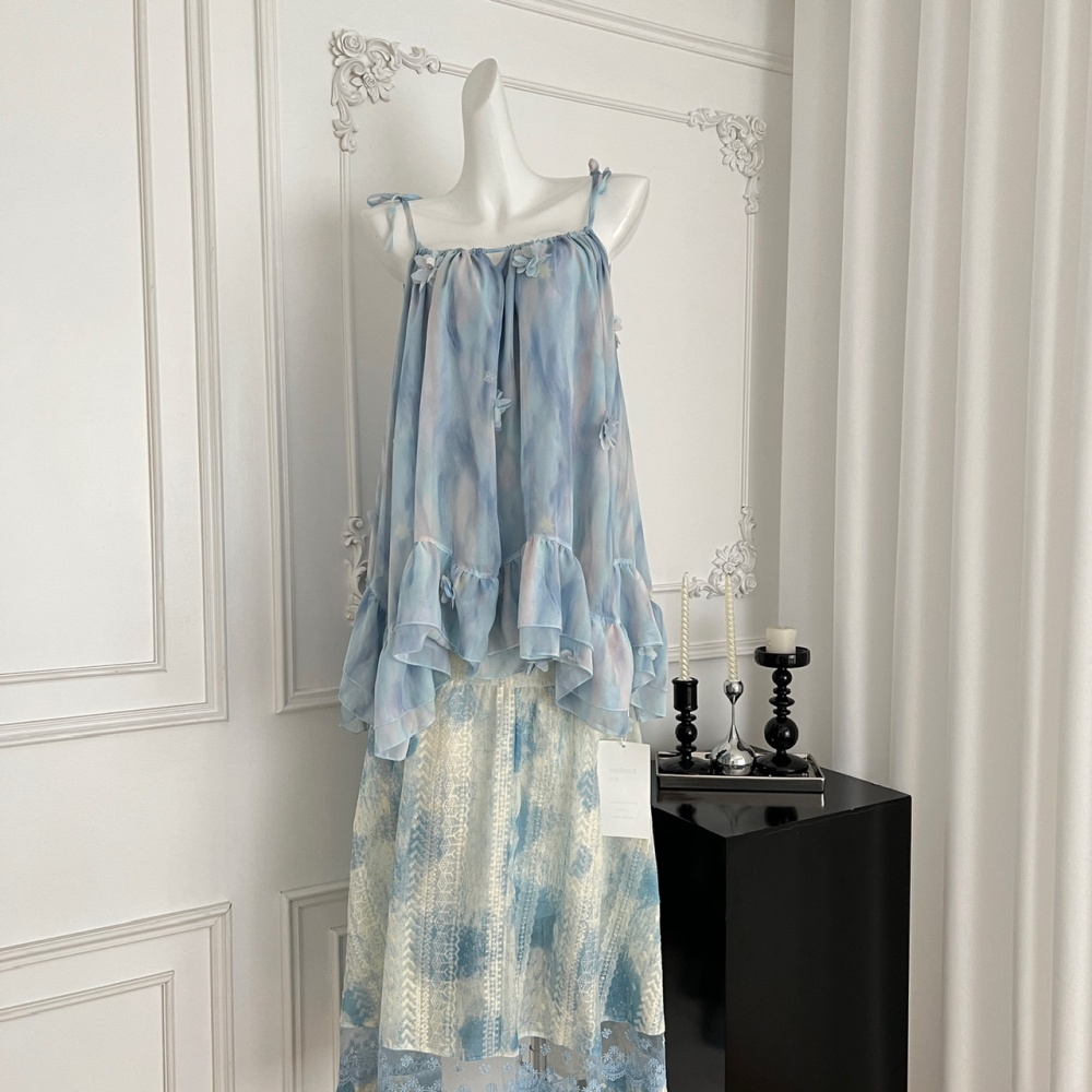 Tie dye blue flowers skirt stereoscopic lace sling tops a set