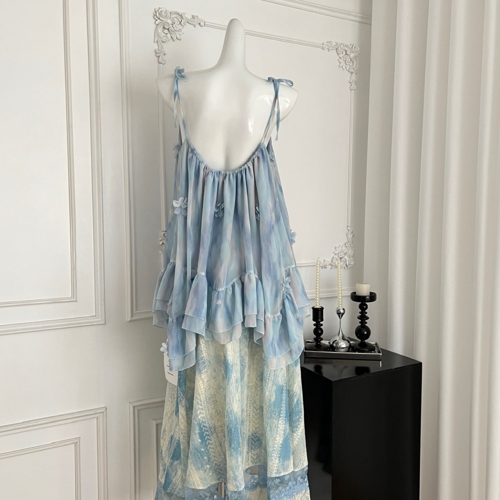 Tie dye blue flowers skirt stereoscopic lace sling tops a set