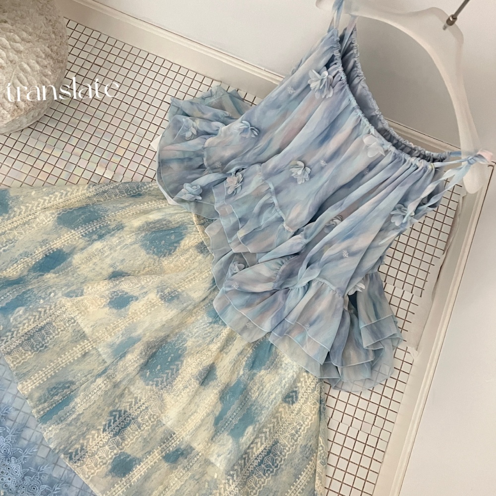 Tie dye blue flowers skirt stereoscopic lace sling tops a set