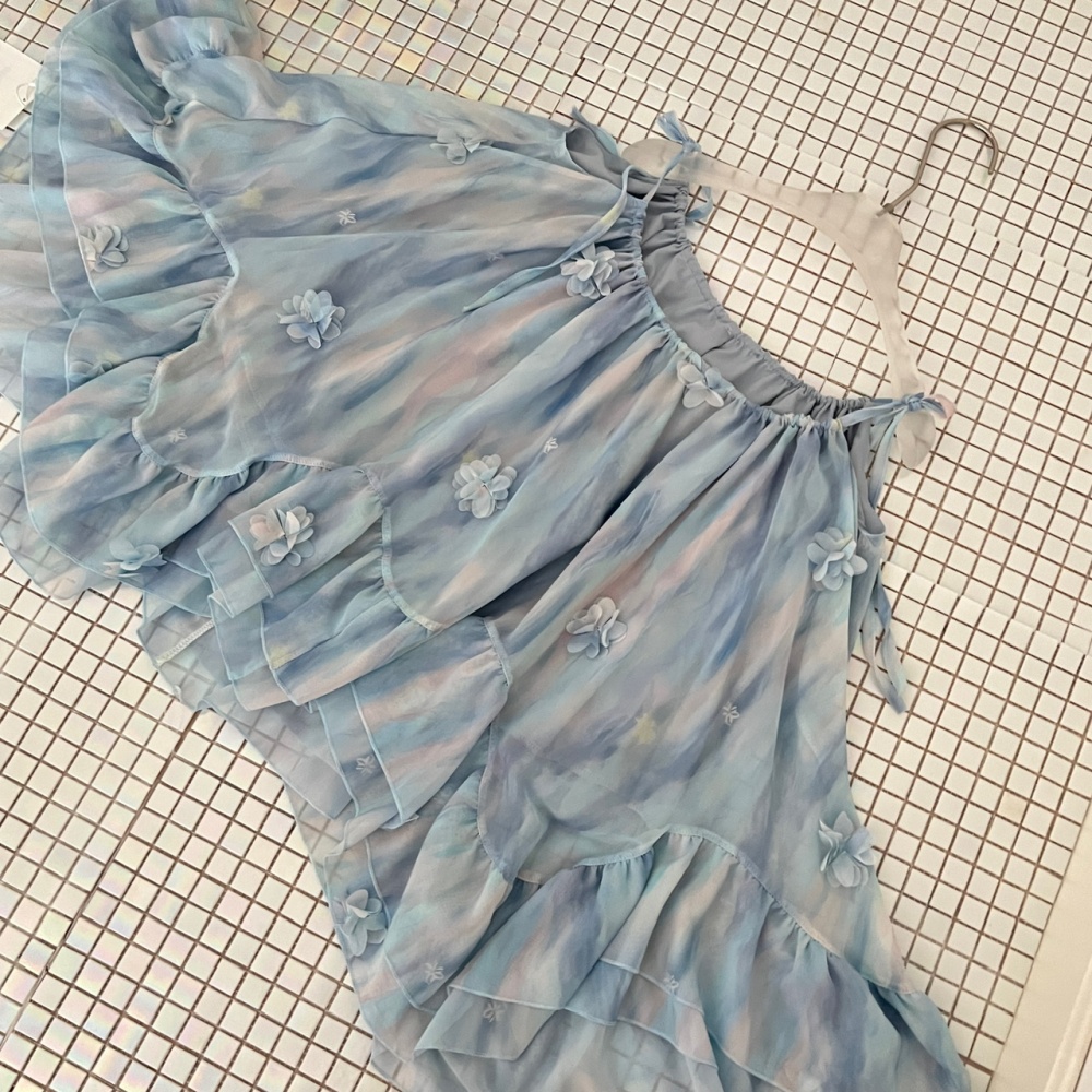 Tie dye blue flowers skirt stereoscopic lace sling tops a set