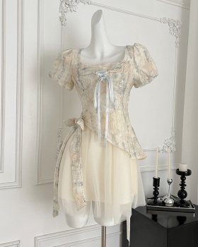 Thick and disorderly short summer bow Pseudo-two sweet dress